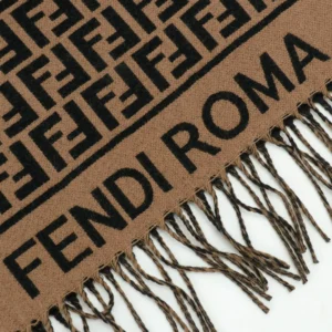 Fendi FD Old Flower Small FF Tassel Long Scarf featuring a repeating FF logo pattern and "FENDI ROMA" text, showcasing cashmere and wool material with fringed edges.