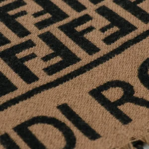 Fendi FD Old Flower Small FF Tassel Long Scarf featuring a black and beige knitted pattern, showcasing the brand logo and high-quality cashmere and wool material.