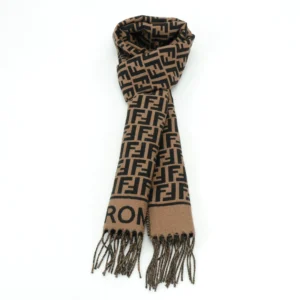 Fendi FD Old Flower Small FF Tassel Long Scarf featuring a brown and black pattern, made of cashmere and wool, with fringed ends.