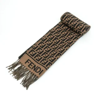 Fendi FD Old Flower Small FF Tassel Long Scarf in brown and black, featuring a full printed pattern and fringed edges, showcasing designer quality and style for accessories.