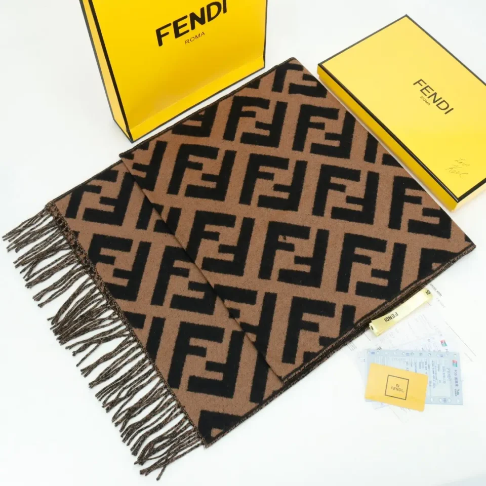 Fendi scarf brown black wool blend scarf with fringed edges and logo pattern