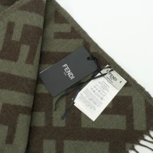 Fendi Old Flower Big FF Classic Cashmere Wool Long Scarf with logo tag and care label, showcasing premium designer quality and intricate patterns.