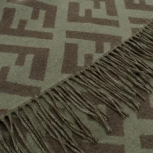 Fendi Old Flower Big FF Classic Cashmere Wool Long Scarf featuring a prominent FF logo pattern and fringed edges, ideal for luxury fashion enthusiasts.