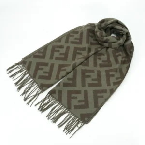 Fendi Old Flower Big FF Classic Cashmere Wool Long Scarf in brown tones, featuring iconic FF logo pattern and fringed edges, ideal for stylish accessorizing.