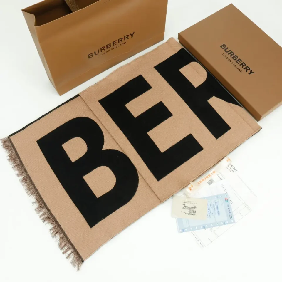 Burberry scarf beige black wool blend fabric with fringed edges and large branded lettering