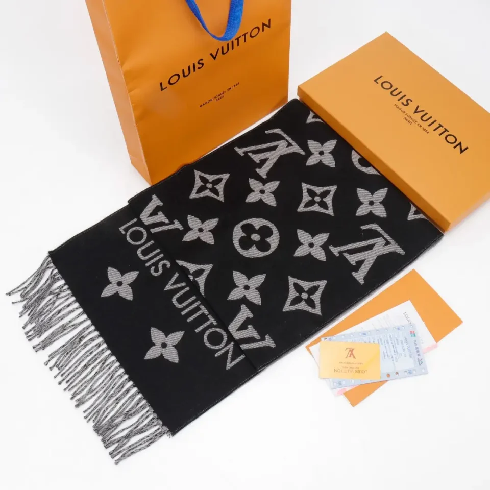 Louis Vuitton monogram scarf black gray wool with fringe and signature logo pattern