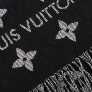 Louis Vuitton Printed Long Scarf featuring iconic floral pattern and fringed edges, showcased in premium black fabric.