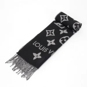 Louis Vuitton Printed Long Scarf in black with gray logo pattern and fringe, featured in a full gift box set.