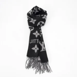 Louis Vuitton Printed Long Scarf in black with grey floral pattern and fringed edges, showcasing luxury design and craftsmanship.