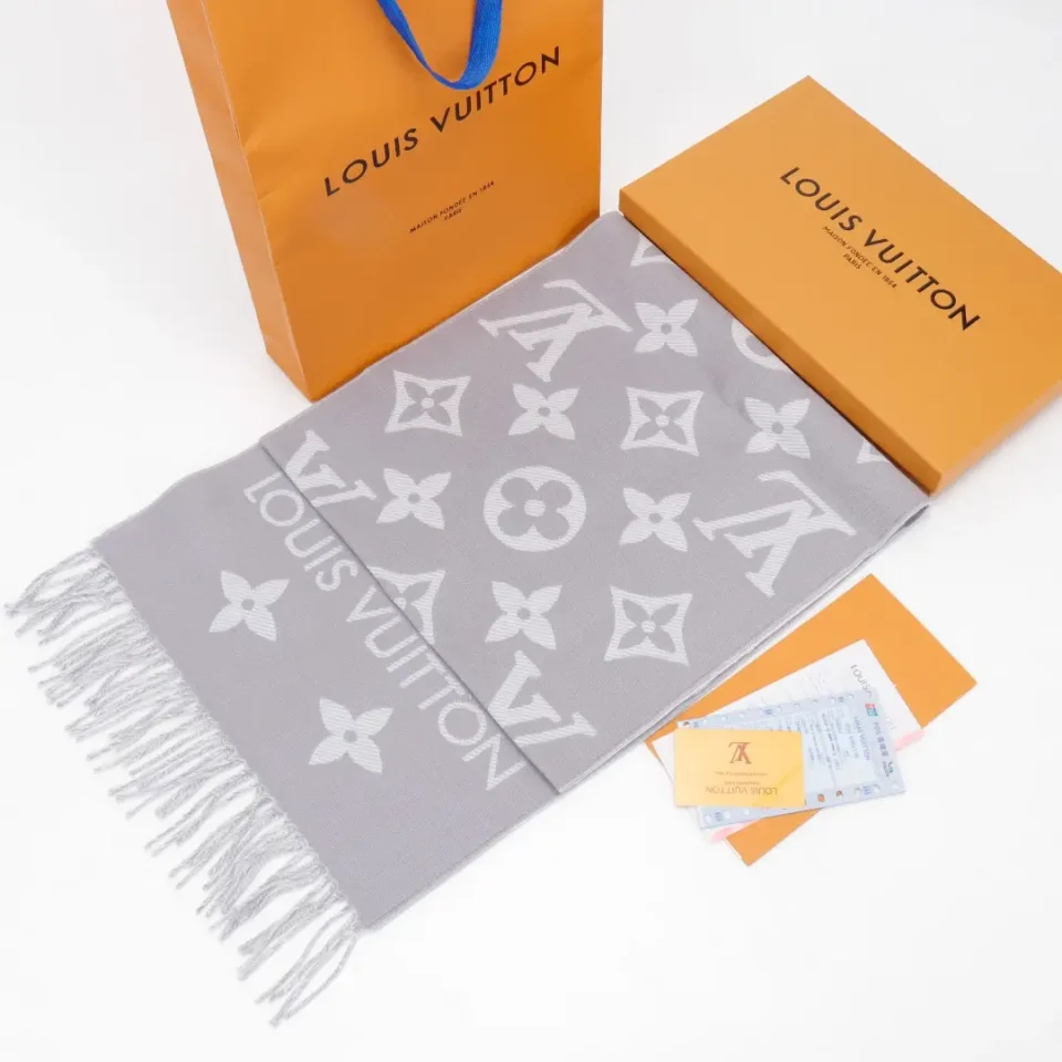 Louis Vuitton scarf grey monogram wool blend with fringe edges luxury accessory