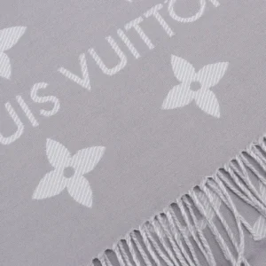 Louis Vuitton Printed Long Scarf featuring iconic logo pattern and fringed edges, showcased in a luxury context for e-commerce.