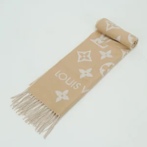 Louis Vuitton scarf beige white wool blend with monogram fringe design accessory