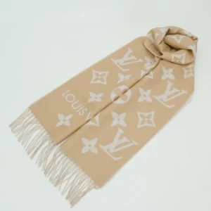 Louis Vuitton Monogram Shawl beige wool scarf with fringed edges and iconic logo pattern