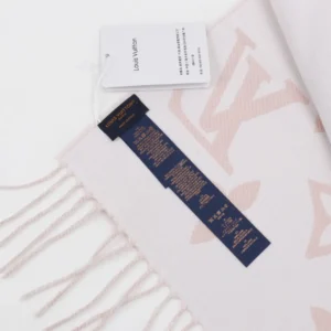 Louis Vuitton scarf light pink jacquard wool blend with fringe edges and logo pattern