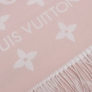 Louis Vuitton Monogram Shawl one size pink white wool silk blend scarf with fringe edges