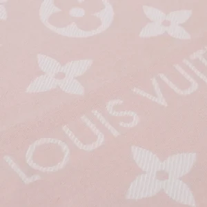 Louis Vuitton scarf pink fabric with white monogram floral pattern and logo text