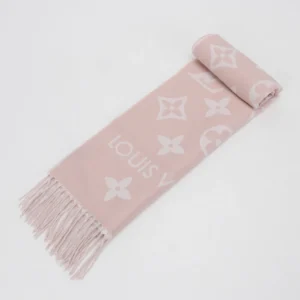 Louis Vuitton scarf pink wool monogram pattern fringed edges luxury accessory