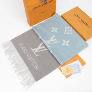 Louis Vuitton scarf blue grey wool fringe logo pattern luxury fashion accessory