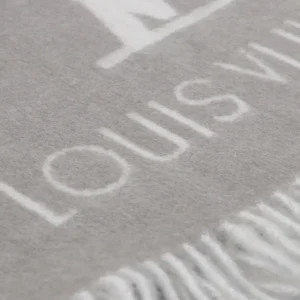 Louis Vuitton Grey wool scarf with white logo fringe detailing luxury accessory