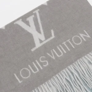 Louis Vuitton scarf gray wool blend with white LV logo and fringed edges accessory