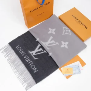 Louis Vuitton scarf gray black wool blend with monogram pattern and fringed edges accessory