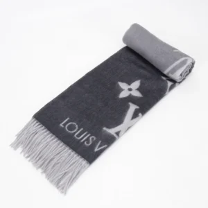 Louis Vuitton scarf grey black wool blend with fringed edges and monogram print