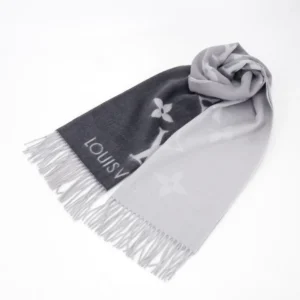 Louis Vuitton Monogram reversible scarf grey wool blend with fringe detailing accessory