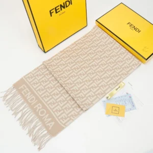 Fendi FD Old Flower Small FF Tassel Long Scarf displayed with signature box, showcasing cashmere and wool blend, elegant design with Fendi Roma logo, ideal for luxury accessory shoppers.