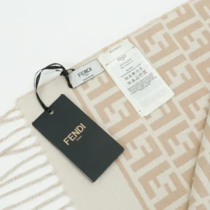 Fendi FD Old Flower Small FF Tassel Long Scarf showing logo tag and care label on cashmere and wool blend fabric, featuring a full print pattern.