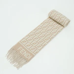 Fendi FD Old Flower Small FF Tassel Long Scarf in beige, featuring a knitted full print pattern and fringed ends, showcasing luxury accessory design.