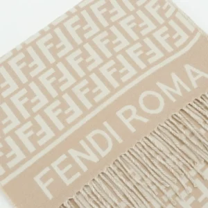 Fendi FD Old Flower Small FF Tassel Long Scarf featuring beige cashmere and wool blend with iconic Fendi logo pattern and fringed ends.