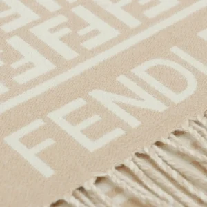 Fendi FD Old Flower Small FF Tassel Long Scarf featuring a beige background with white logo pattern and tassel detailing.