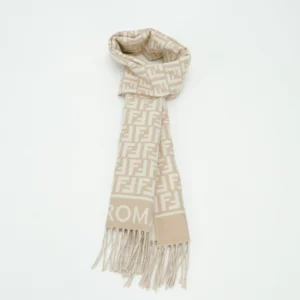 Fendi FD Old Flower Small FF Tassel Long Scarf in beige with full print pattern and fringed edges, representing luxury accessory design.