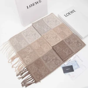 Loewe Checkerboard Logo Wool Scarf in neutral tones, featuring a full print pattern and fringed edges, displayed with branded packaging.