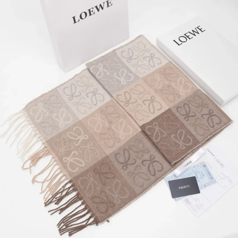 Loewe scarf brown beige wool blend with anagram logo pattern and fringed edges