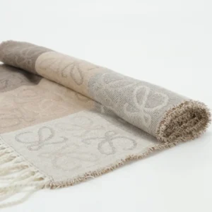 Loewe Checkerboard Logo Wool Scarf in neutral tones, featuring a knitted full print pattern and fringed edges, displayed elegantly for winter fashion.