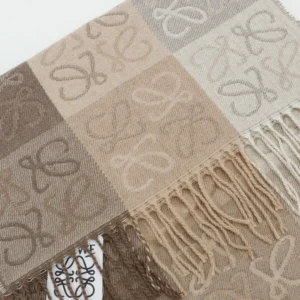 Loewe Checkerboard Logo Wool Scarf featuring a knitted full print pattern in neutral tones, showcasing luxury design and texture, ideal for winter accessories.
