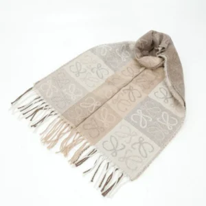 Loewe Checkerboard Logo Wool Scarf featuring a knitted full print pattern in neutral tones, displayed with fringed edges, emphasizing luxury and style for winter accessories.