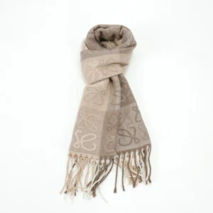 Loewe Checkerboard Logo Wool Scarf in beige tones with fringed edges, showcasing luxury designer style for winter accessories.