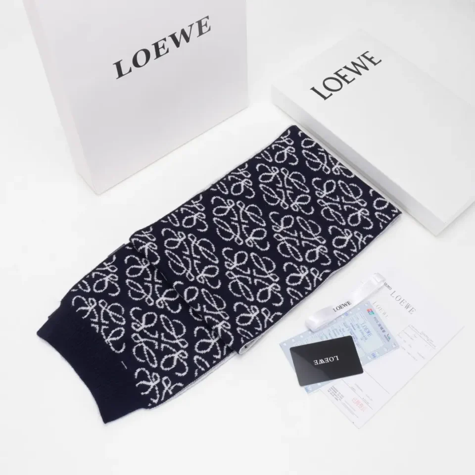 Loewe scarf navy blue white logo pattern wool blend accessory with original box and authenticity card