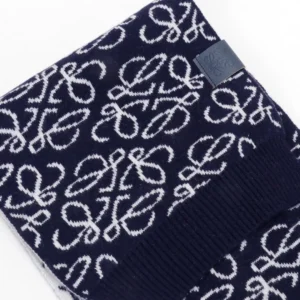 Loewe Anagram scarf navy blue white wool blend with leather logo tag accessory