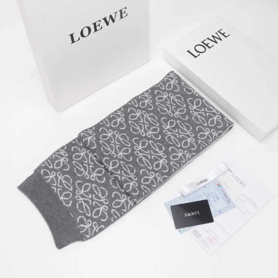 Loewe scarf grey wool fabric with white anagram pattern and ribbed ends