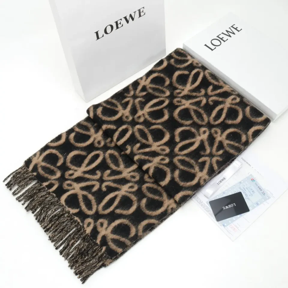 Loewe wool scarf black beige anagram pattern fringed edges luxury accessory