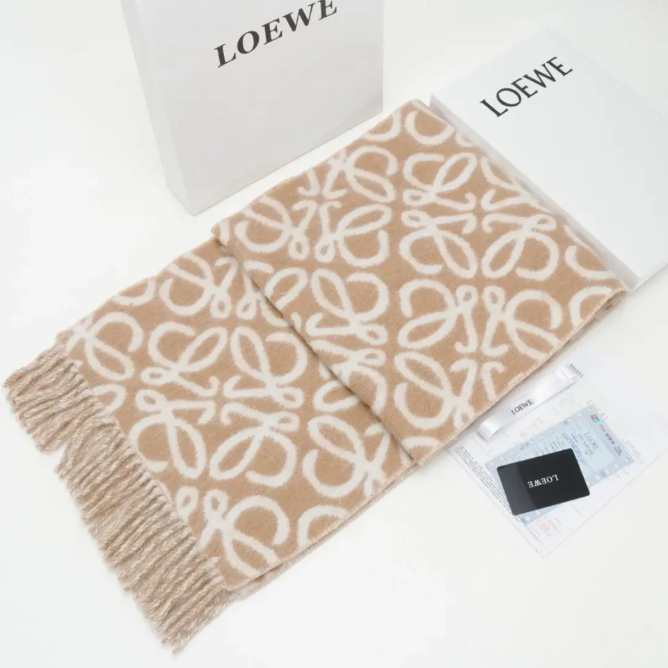 Loewe Anagram Scarf beige white wool blend with fringed edges and iconic logo pattern accessory