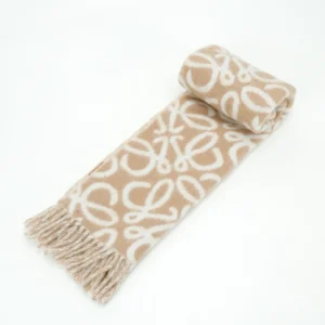 Loewe Double-Sided Floral Jacquard Wool Mohair Fringe Long Scarf in beige with white floral pattern and fringed edges, showcasing luxury designer accessory details.