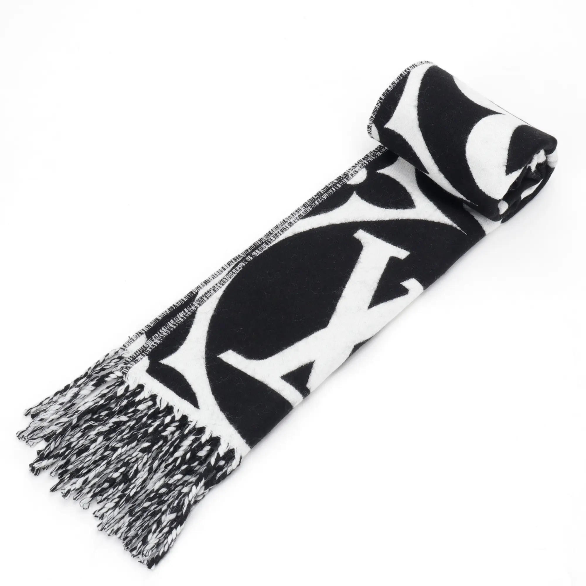 Louis Vuitton scarf black white wool blend with fringed edges and monogram pattern