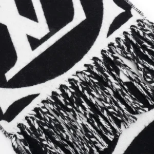 Fendi scarf black white wool blend with fringed edges and bold logo pattern accessory