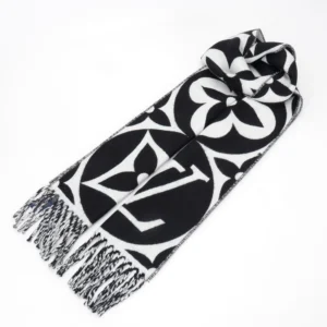 Louis Vuitton scarf black white wool blend with fringe edges and monogram print accessory