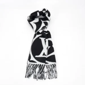 Louis Vuitton scarf black white wool blend with fringed ends luxury accessory