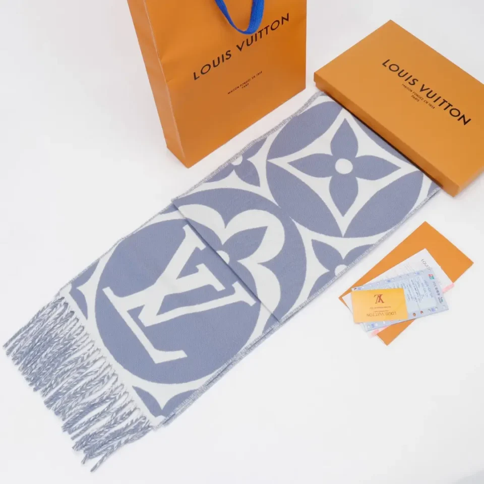 Louis Vuitton Monogram Scarf gray white wool with fringe detail and packaging box and bag